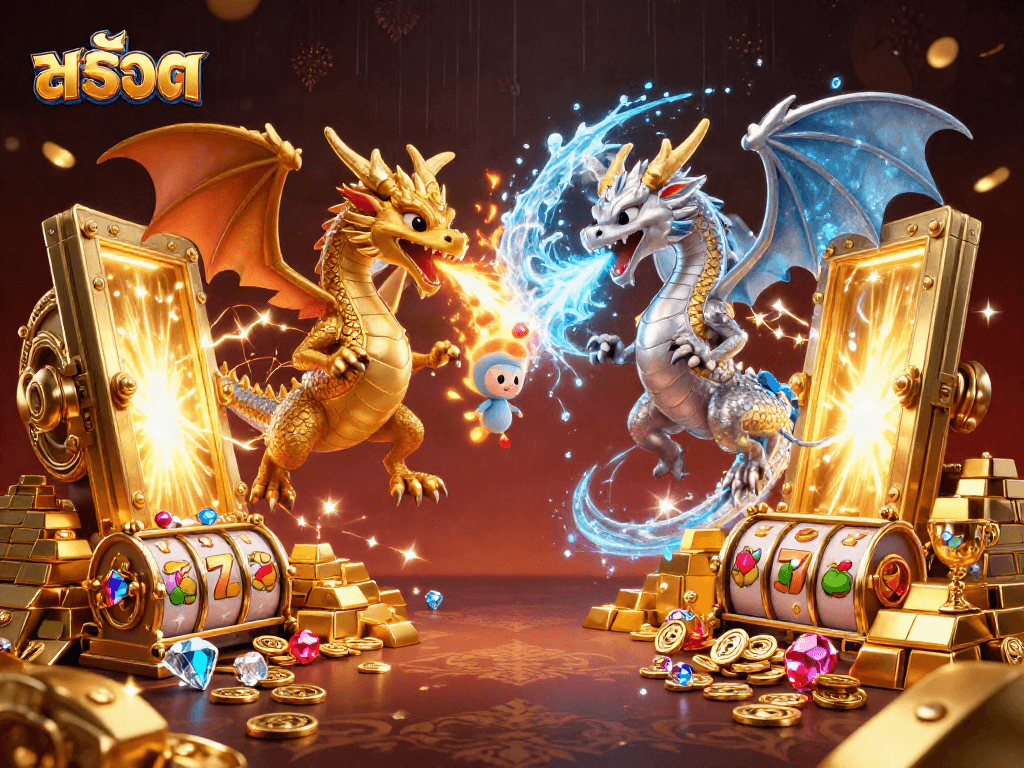 Experience thrilling สล็อต action with golden and silver dragons, slot reels, and treasures galore.