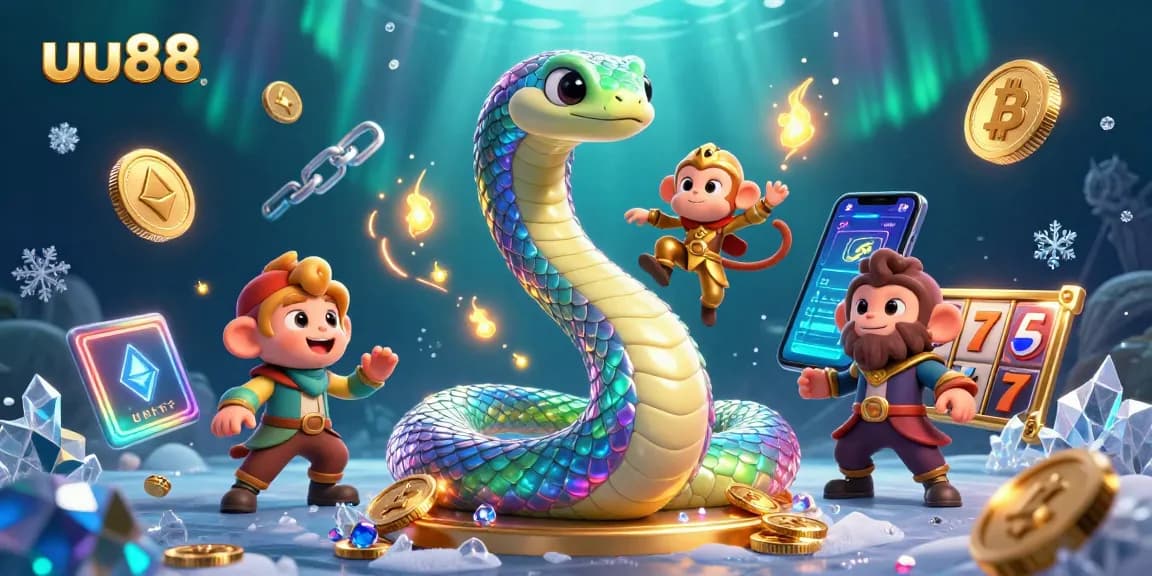 Experience thrilling wins with uu88, featuring vibrant 3D casino elements and a captivating rainbow serpent.