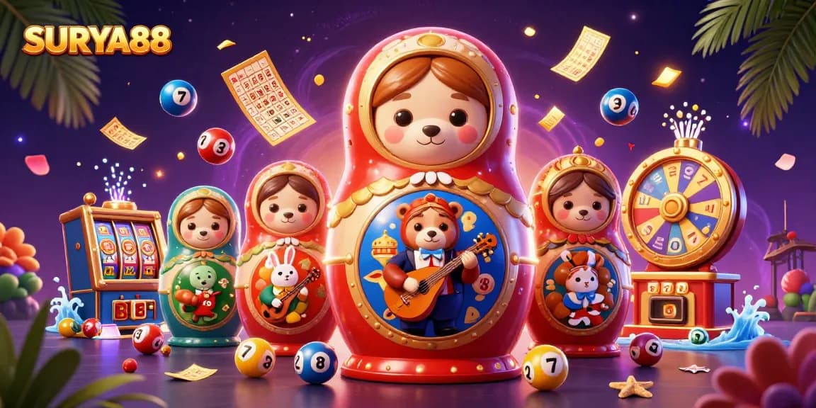 SURYA88 showcases a vibrant lottery scene with a Matryoshka bear and colorful game elements for thrilling casino fun.