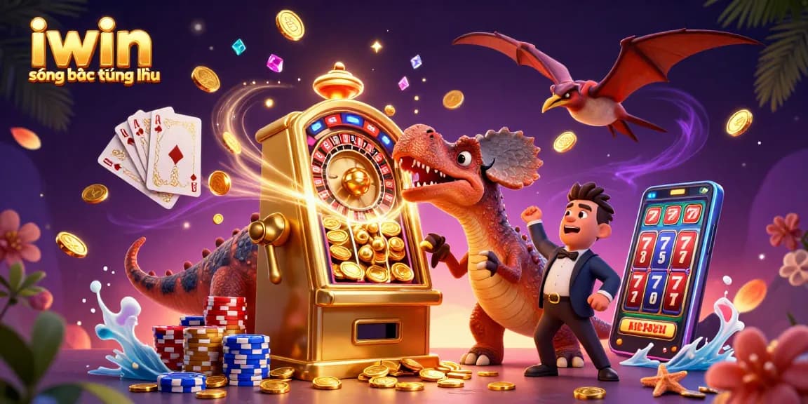 Experience the excitement at iwin sòng bạc thượng lưu as characters interact with vibrant casino elements and flying treasures.