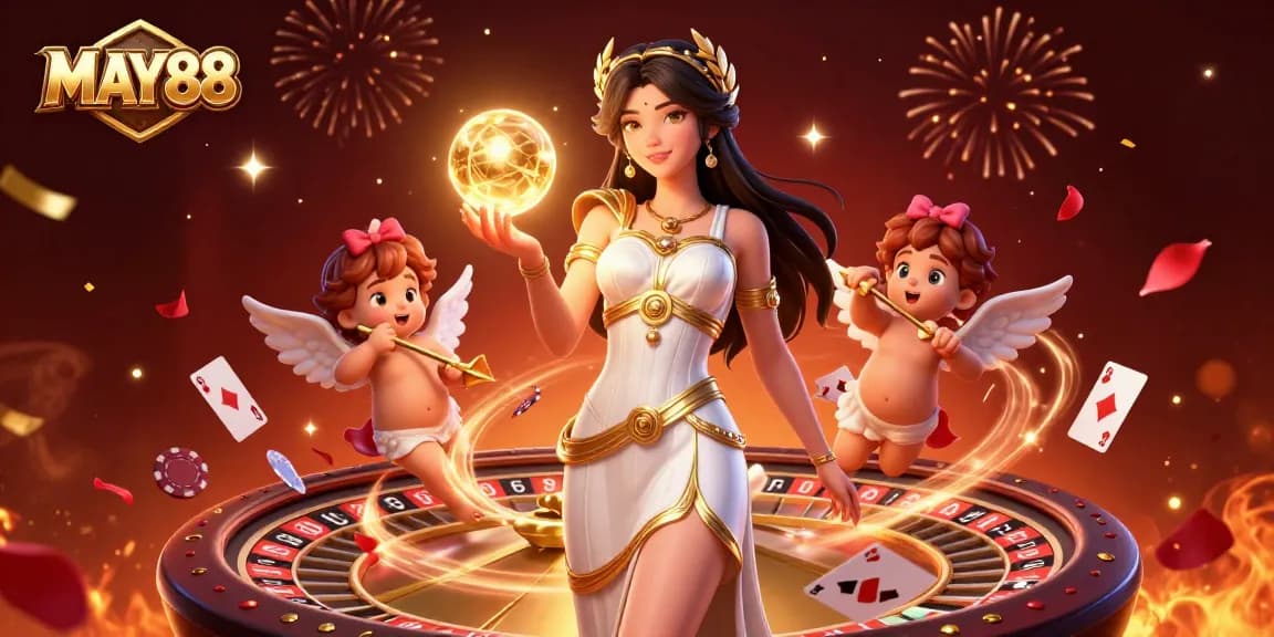 MAY88 engages players with a stunning casino scene featuring a Grecian goddess and playful Cupids celebrating gaming.