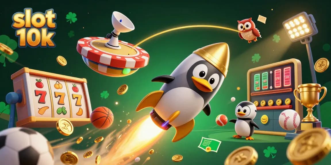 Experience the excitement of slot 10k as a golden penguin rockets through space, surrounded by vibrant casino elements.