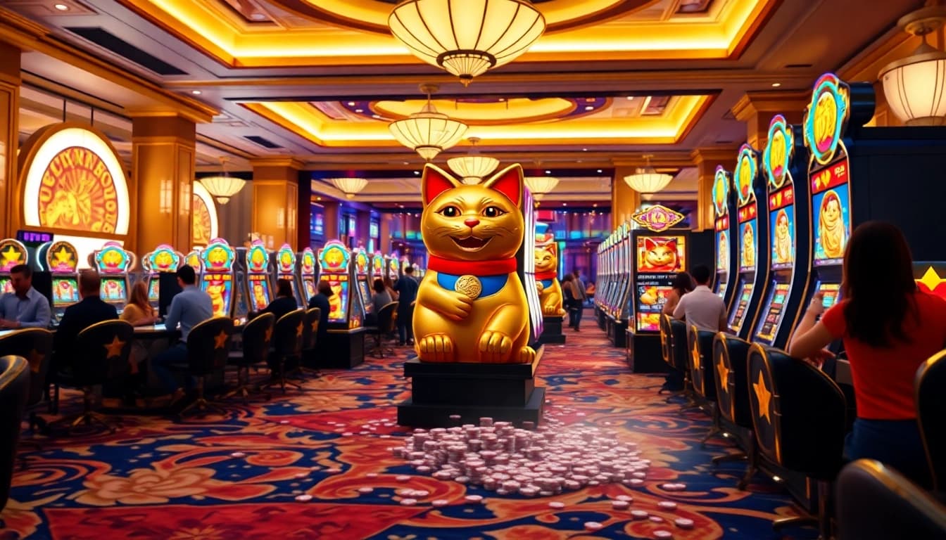 Players engaging with the Lucky Neko PG Soft Wilds on the Way slot machine in a vibrant casino.