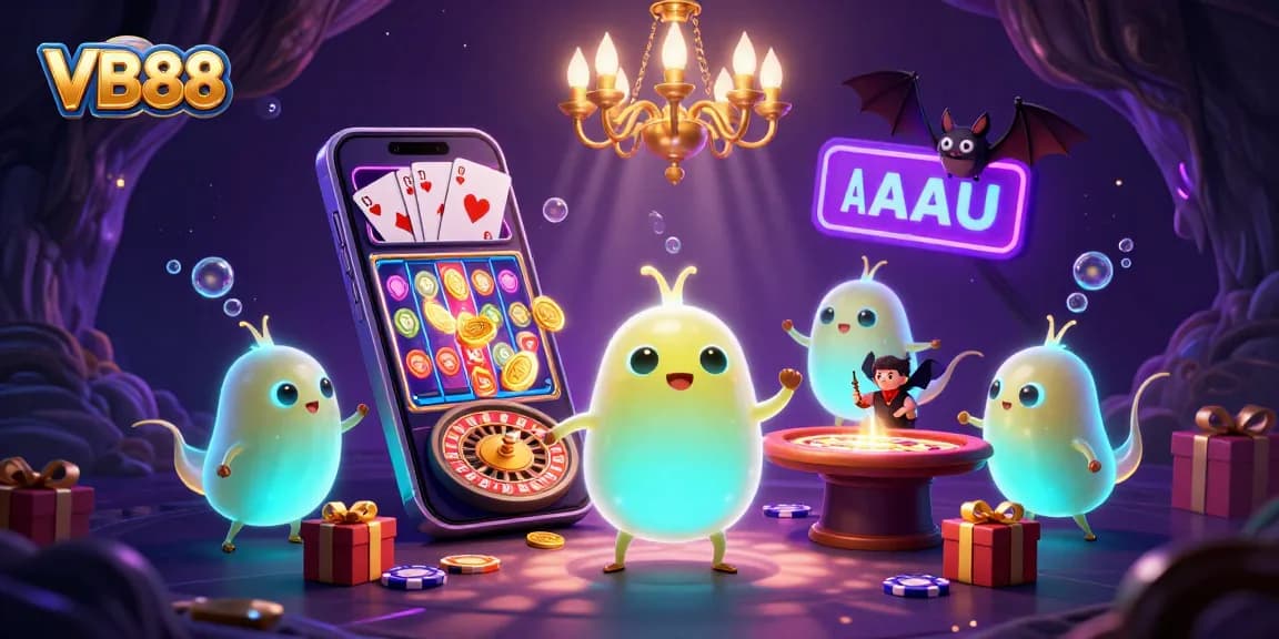 VB88 illuminates a captivating cave casino with glowing characters and vibrant game elements for thrilling play.