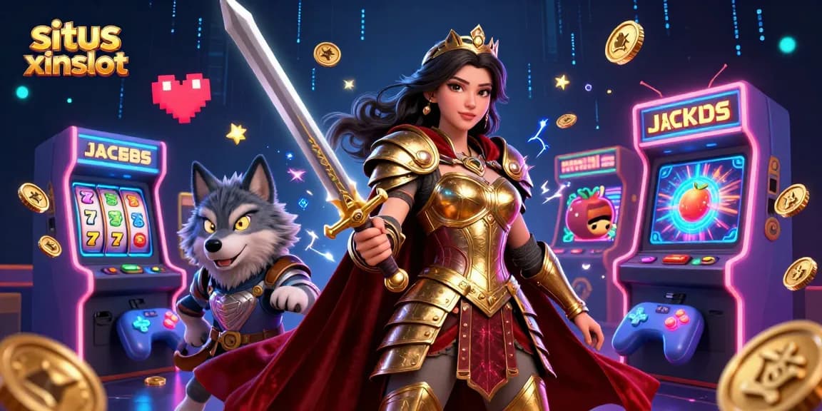 Situs xinslot showcases an action-packed gambling scene with a warrior queen and an armored wolf.