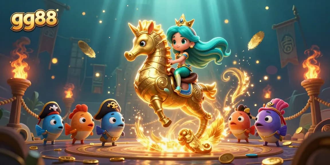 Win big at gg88 with a vibrant mermaid princess and her seahorse in a lively underwater casino.