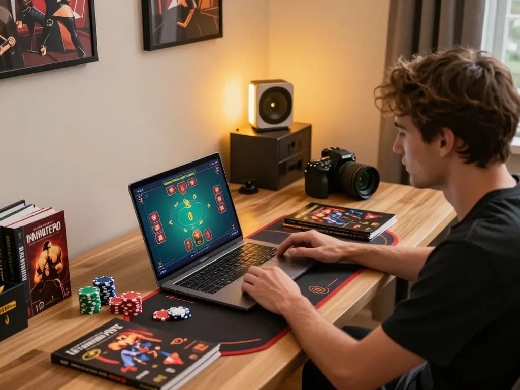 Player engaging in online gaming with nk 88 strategy setup on laptop in a cozy environment.