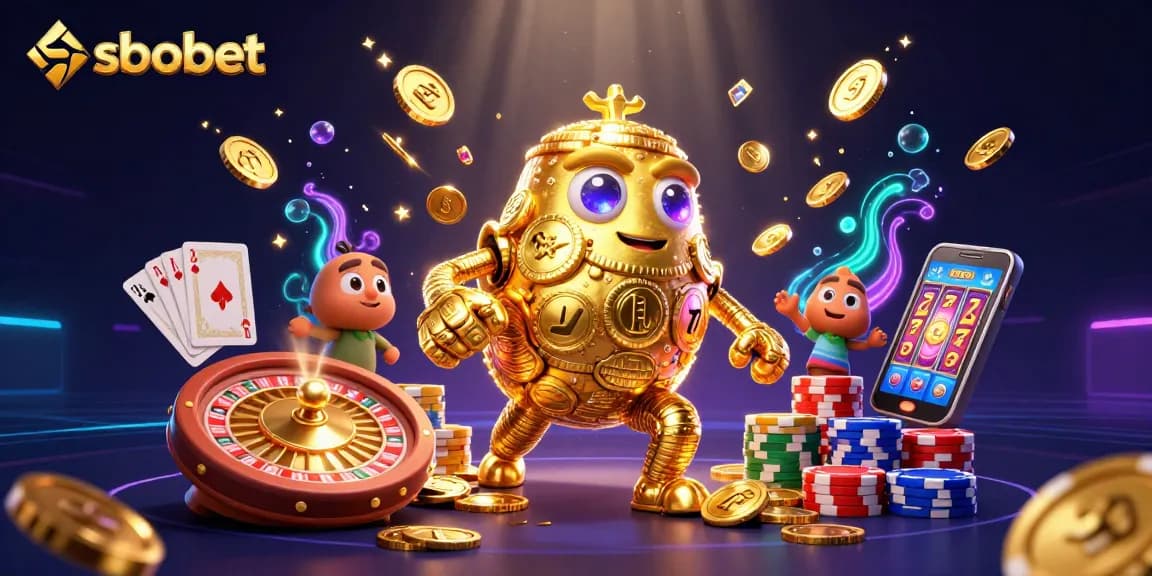 Experience sbobet's thrilling action with dynamic gold golem and casino elements in a vibrant scene.
