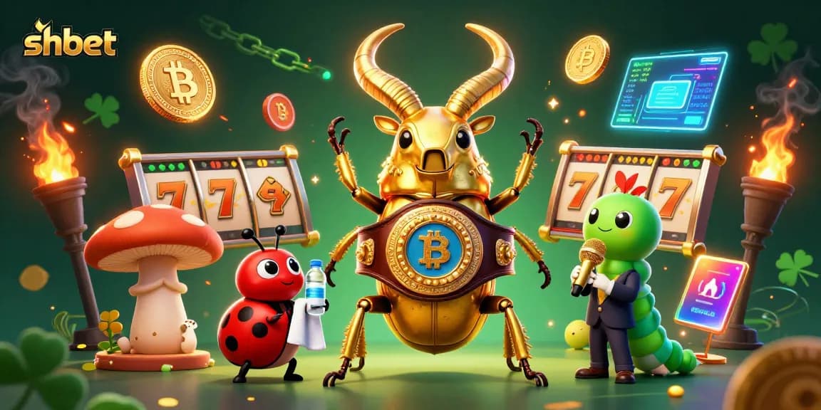Engage with the vibrant world of shbet, featuring a golden stag beetle champion in a dynamic casino scene.