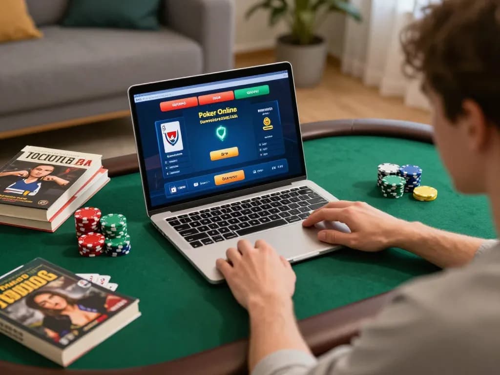 Engaging in Poker Online Domino QQ with vibrant interface displayed on laptop, showcasing strategy and entertainment.