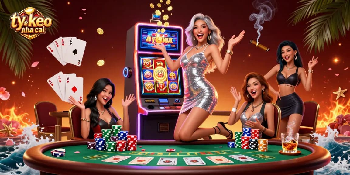 Play slots and win with ty le keo nha cai, showcasing a celebratory scene of a woman at a jackpot slot machine.