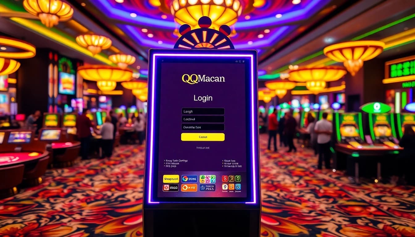 Experience the thrill of QQMacan login at a luxurious casino with vibrant slot machines and tables.