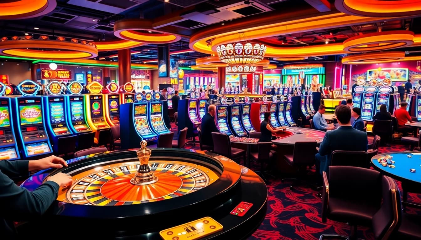 Spannende casinospielen mit farbenfrohen Spielautomaten und einem aufregenden Roulette-Tisch umgeben von Spielern.