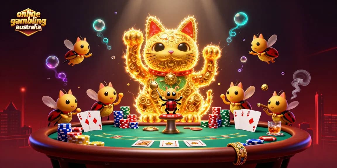 Engaging portrayal of online gambling Australia with golden fireflies and casino symbols.
