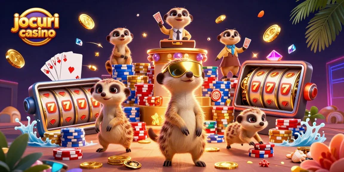 Jocuri casino captivante în acțiune, cu păcănele și specii animale jucând la casino.