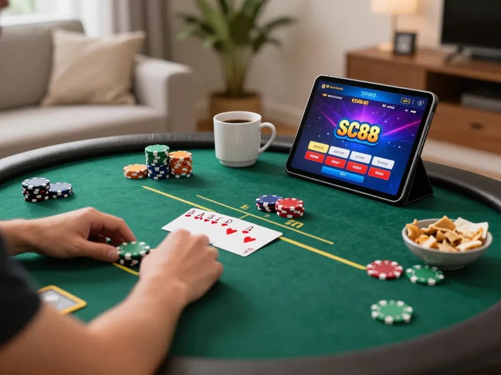 Player enjoying SC88 poker on tablet during home gaming session with snacks
