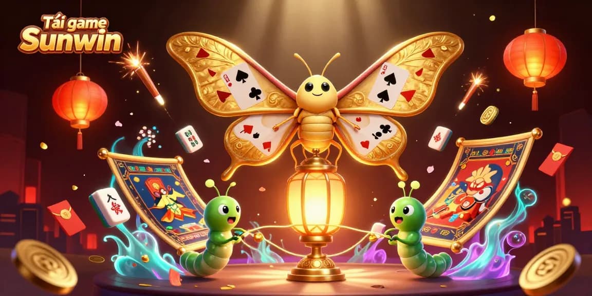 Tải game Sunwin with a majestic atlas moth and vibrant casino elements promoting a top online gaming experience.