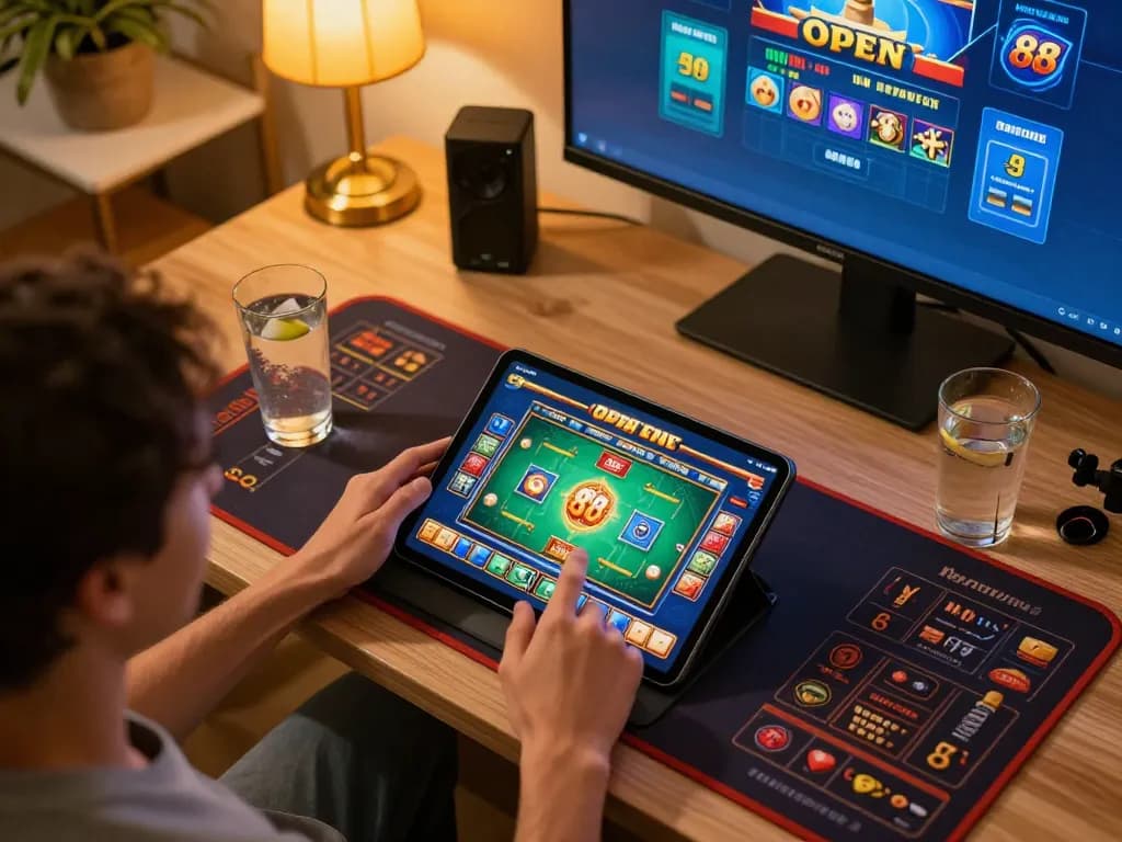 Engaging in thrilling gameplay on open 88 platform using tablet in a cozy home setup.
