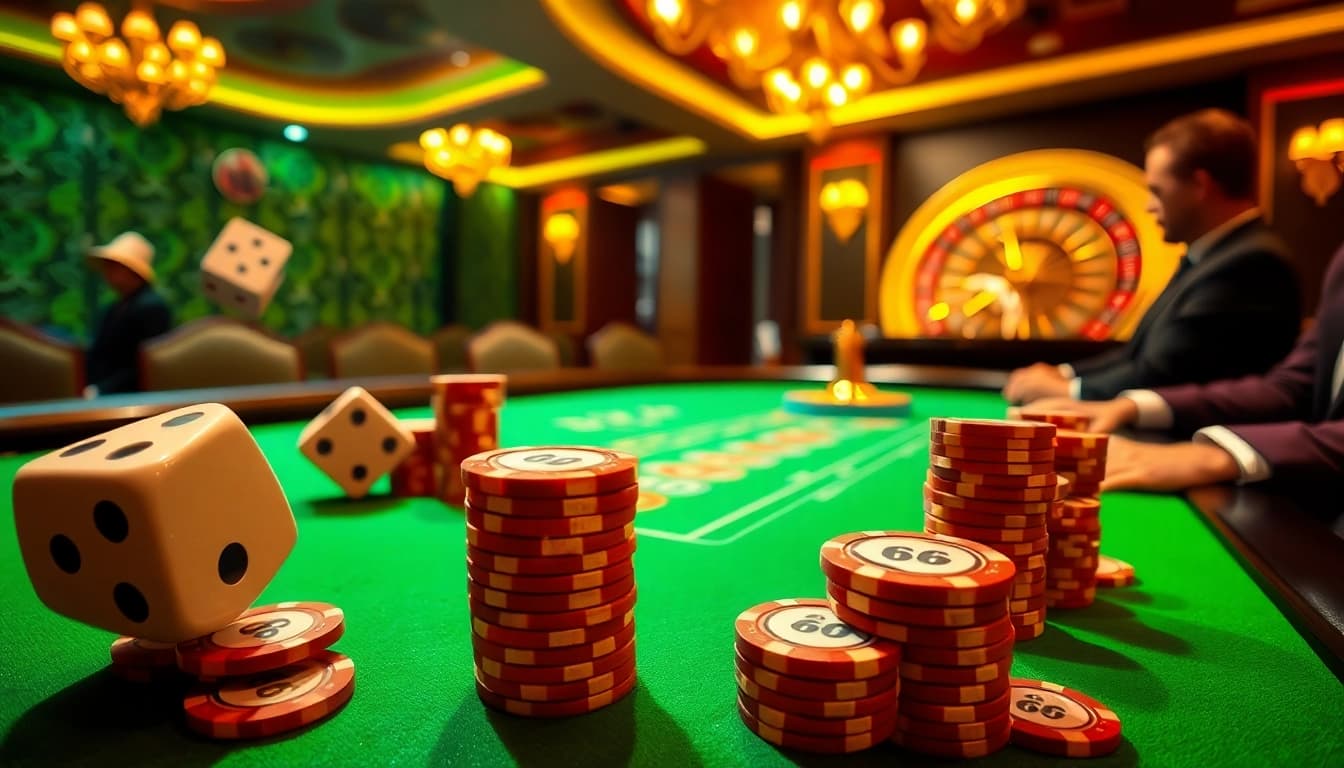 Experience thrilling gameplay at MB66's exciting casino, featuring poker chips and live tables.
