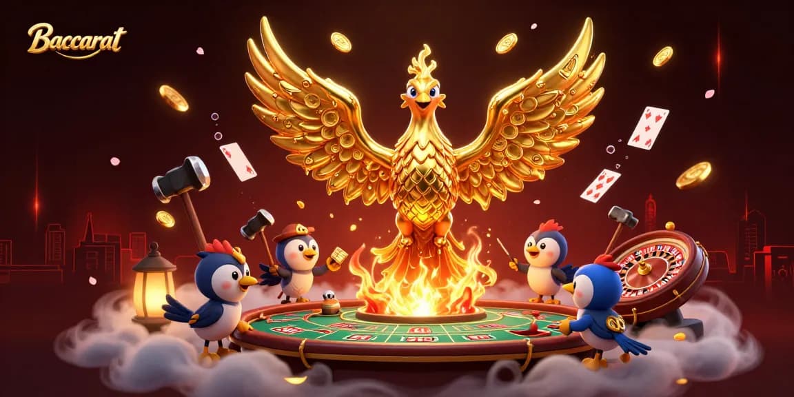 Baccarat game illustration featuring a golden phoenix and lively casino elements.