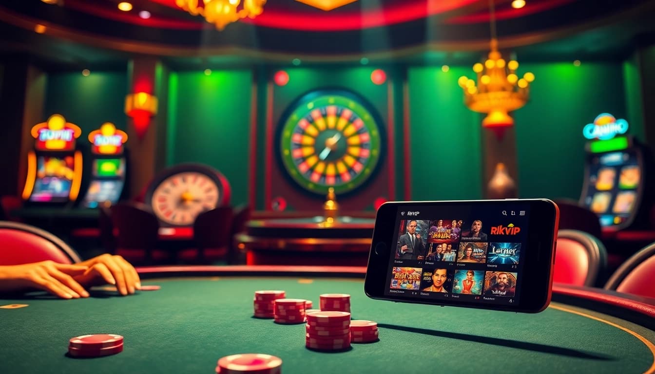 Engaging scene of players enjoying rikvip online gambling with vibrant casino elements.