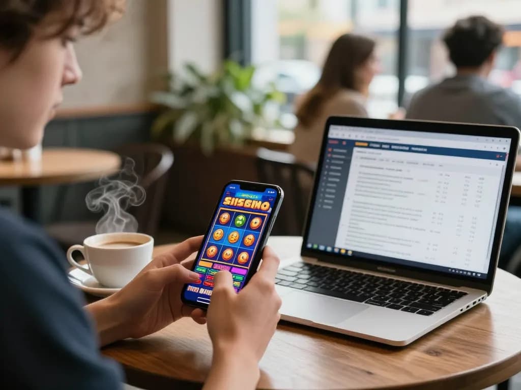 Pengalaman judi online yang menarik pada permainan situs slot ditampilkan di smartphone di sebuah kafe yang nyaman.
