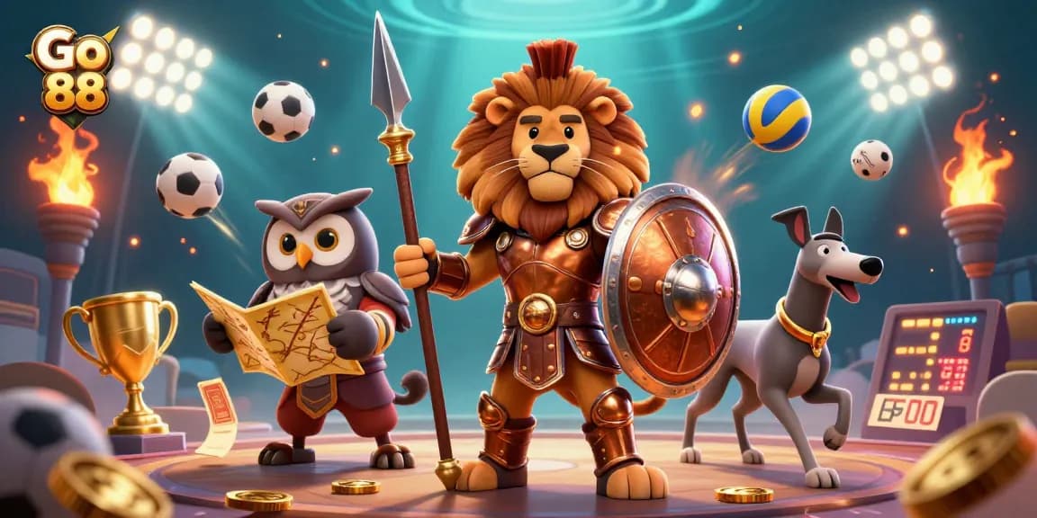 Engage with Go 88: A thrilling 3D illustration showcasing dynamic casino elements and characters.