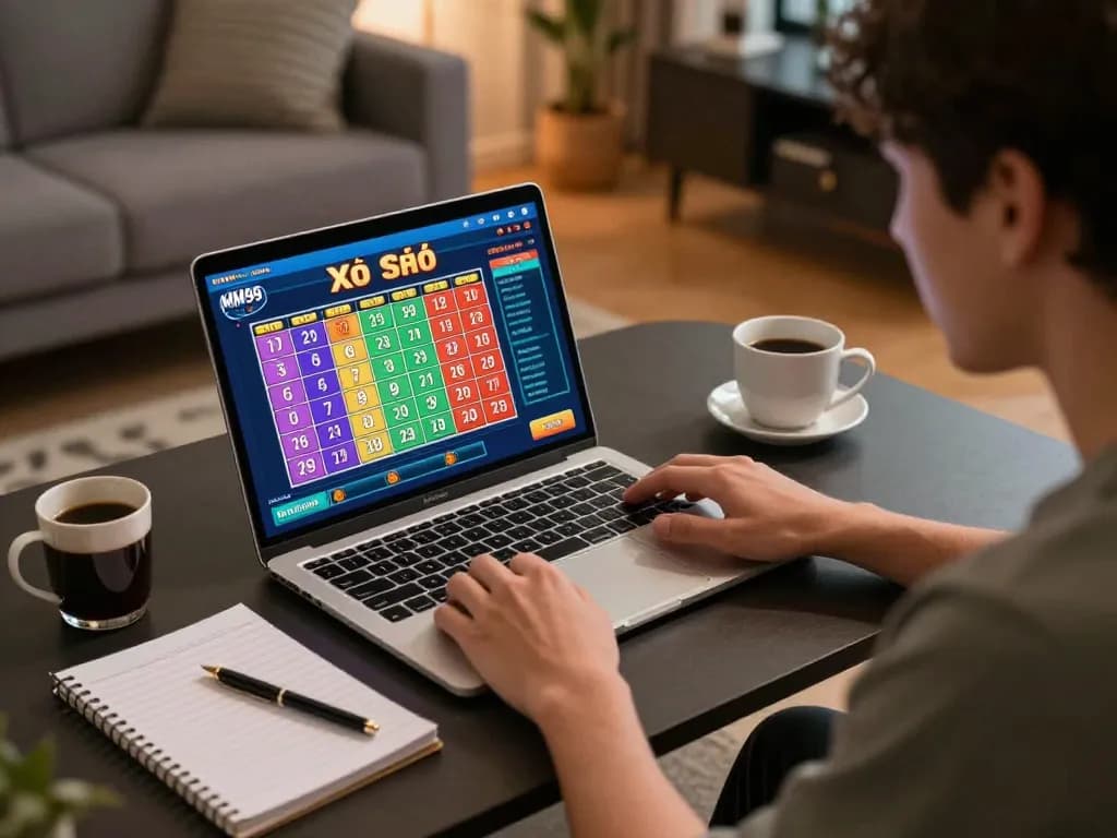 Xổ Số MM99 online lottery gameplay showcasing a player focused on betting strategies in a cozy home setting.