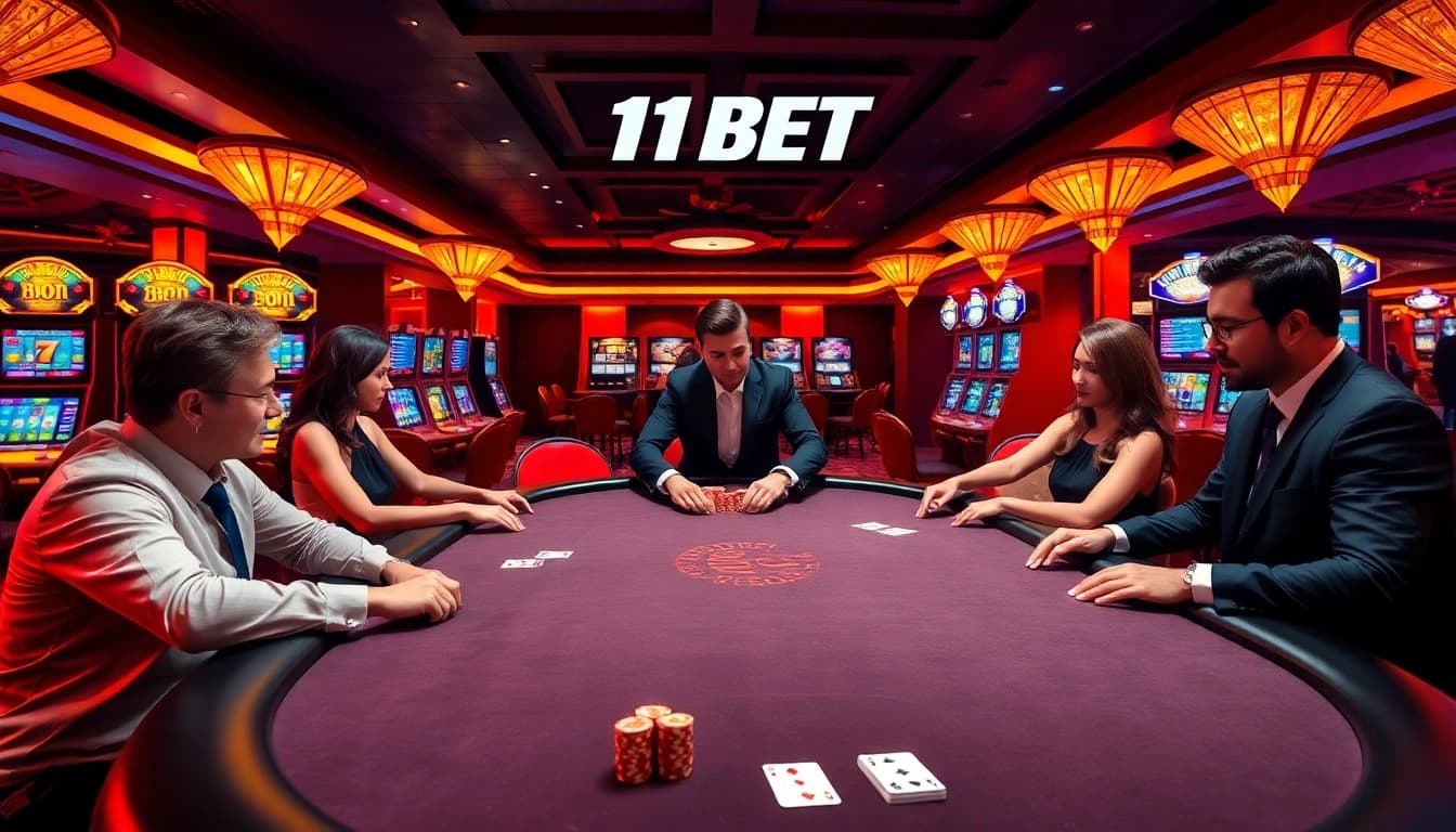 Engage in high-stakes poker at 11BET's luxurious casino tables, showcasing vibrant gameplay.