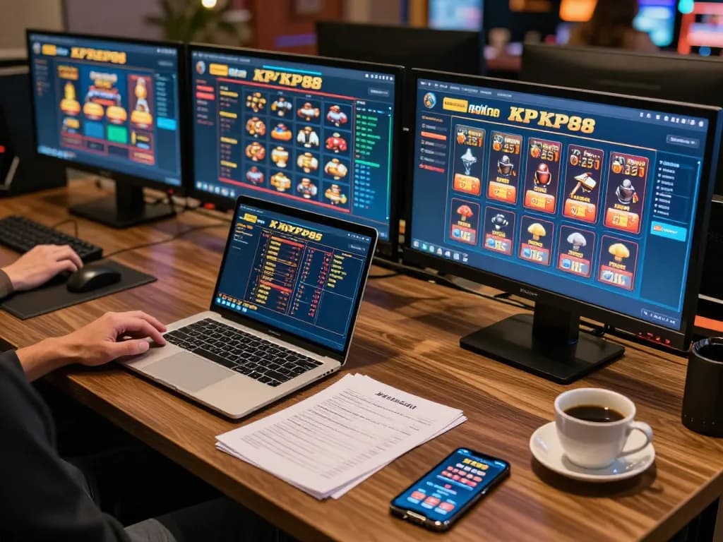 Engaging in strategic gameplay at KP88’s online casino platform with multiple screens displaying games and notes