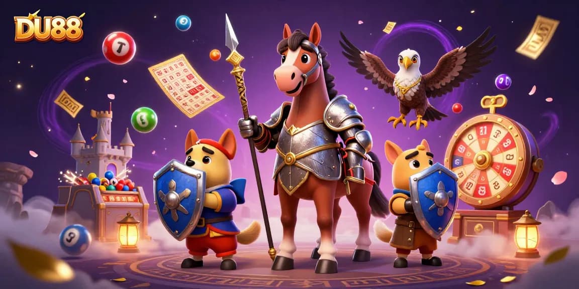 Engage with DU88 featuring a lively 3D illustration of casino fun with knights and lottery elements.
