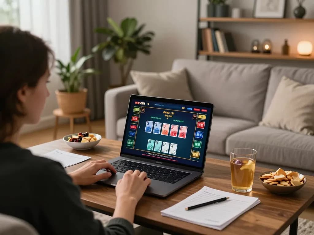 Player immersed in online gambling at home on CasinoAtlas, enjoying live dealer games and snacks.