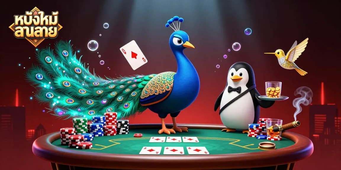 Experience thrilling gambling adventures with หนังใหม่ชนโรง in this vibrant casino scene illustration.