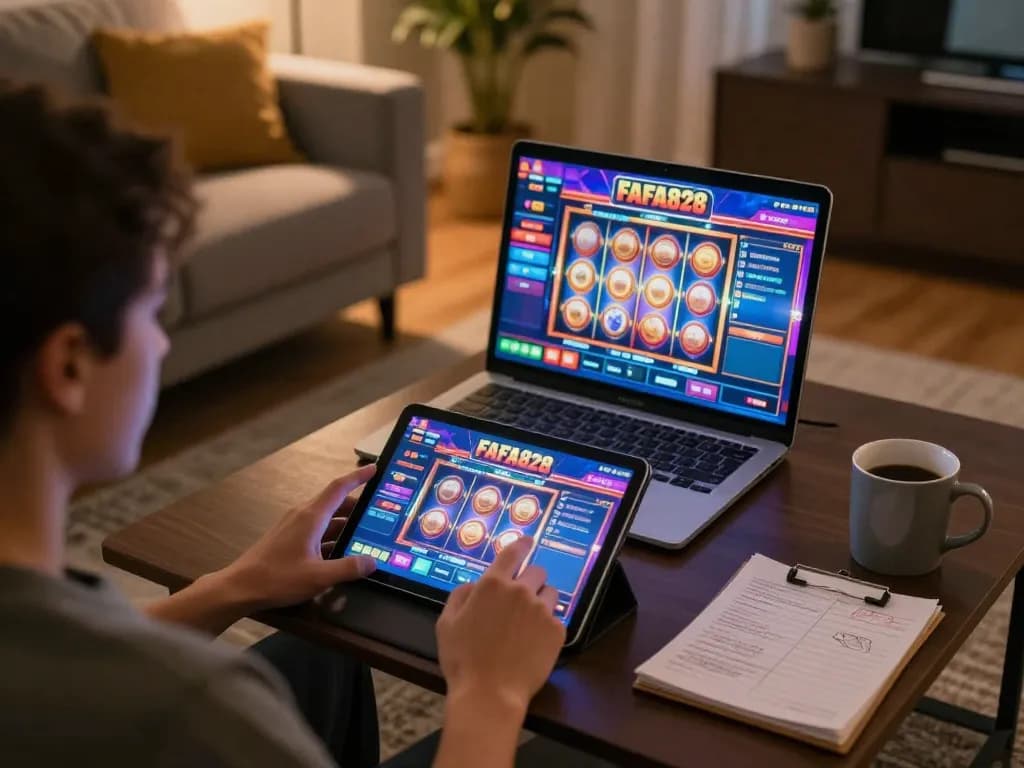 Player enjoying FAFA828 slots on tablet in a cozy home setup, highlighting online gaming.