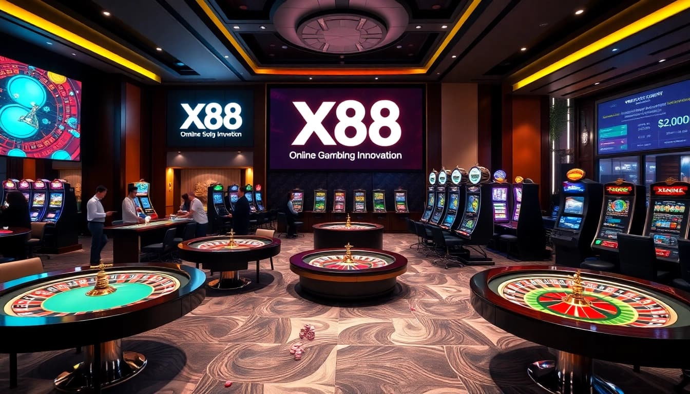 X88 Casino scene showcasing vibrant tables and dedicated players experiencing thrilling gambling action.