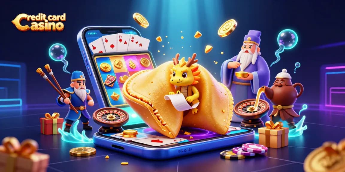 Engage in fun at a credit card casino featuring a golden cookie, wise dragon, and exciting slot game.