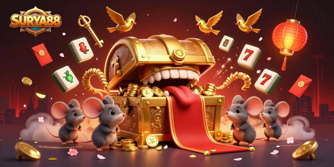 SURYA88 captivates players with an inviting treasure chest, surrounded by vibrant slot elements.