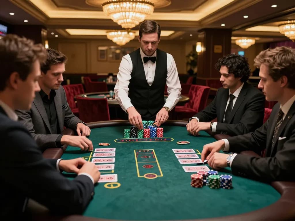hubet players strategizing at a blackjack table in a luxurious casino environment