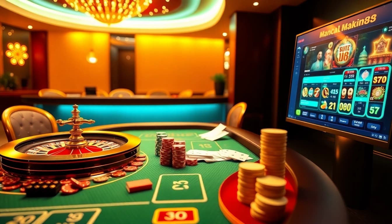 Thrilling online gambling experience at nhà cái Man88 with luxurious poker chips and roulette.