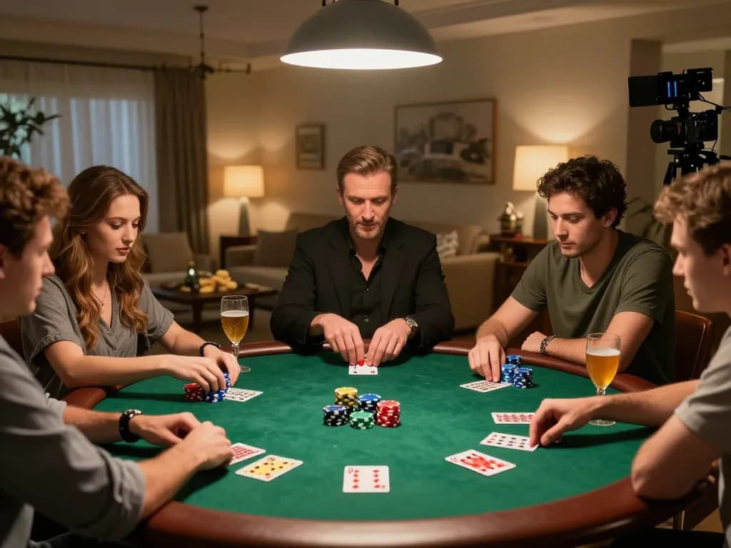Players enjoying a thrilling poker night at home with god55 poker chips and cards visible.