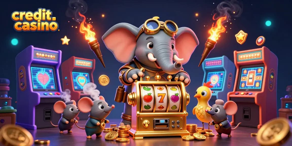 Engaging credit card casino scene showcasing a steampunk elephant engineer activating a golden slot machine amidst vibrant gaming elements.