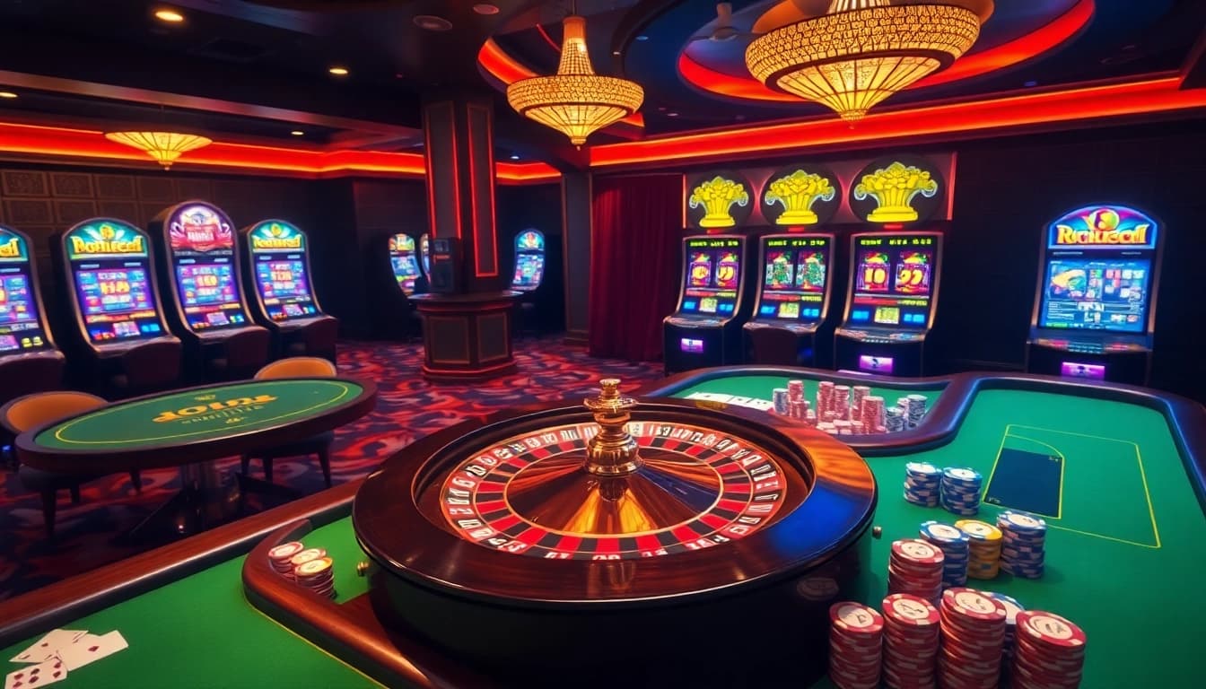 Experience the thrill of rik vip gaming in a luxurious casino with vibrant roulette wheel and poker tables.