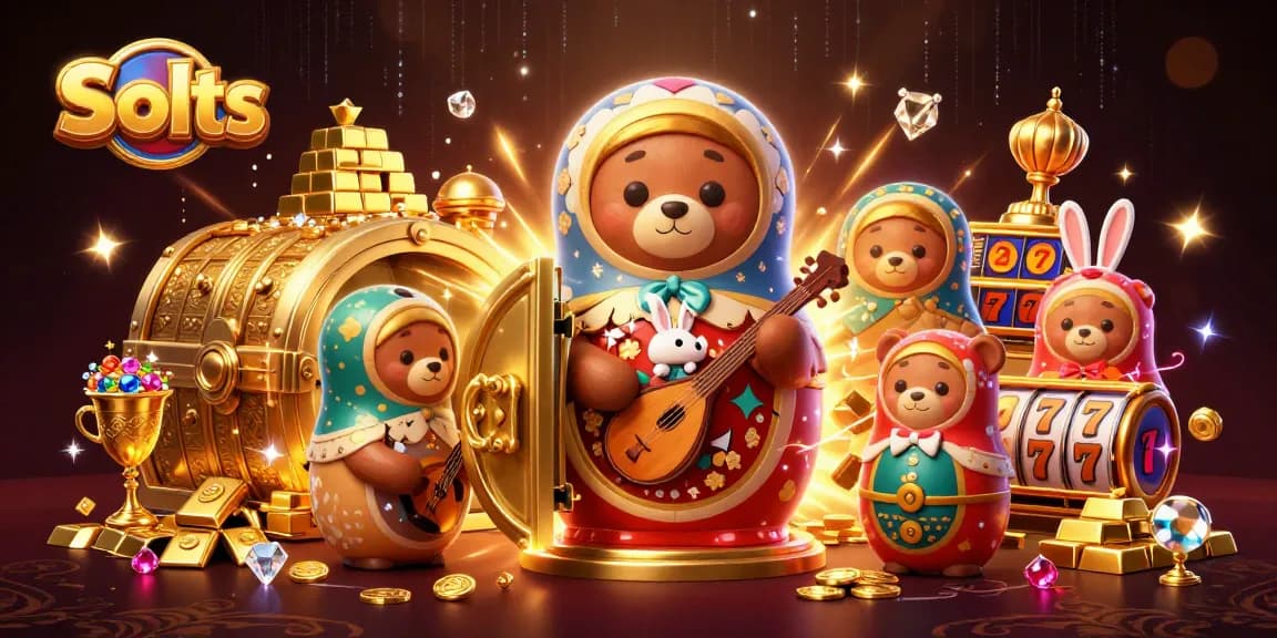 Spin to win with vibrant Slots-themed illustration featuring playful bears and treasures