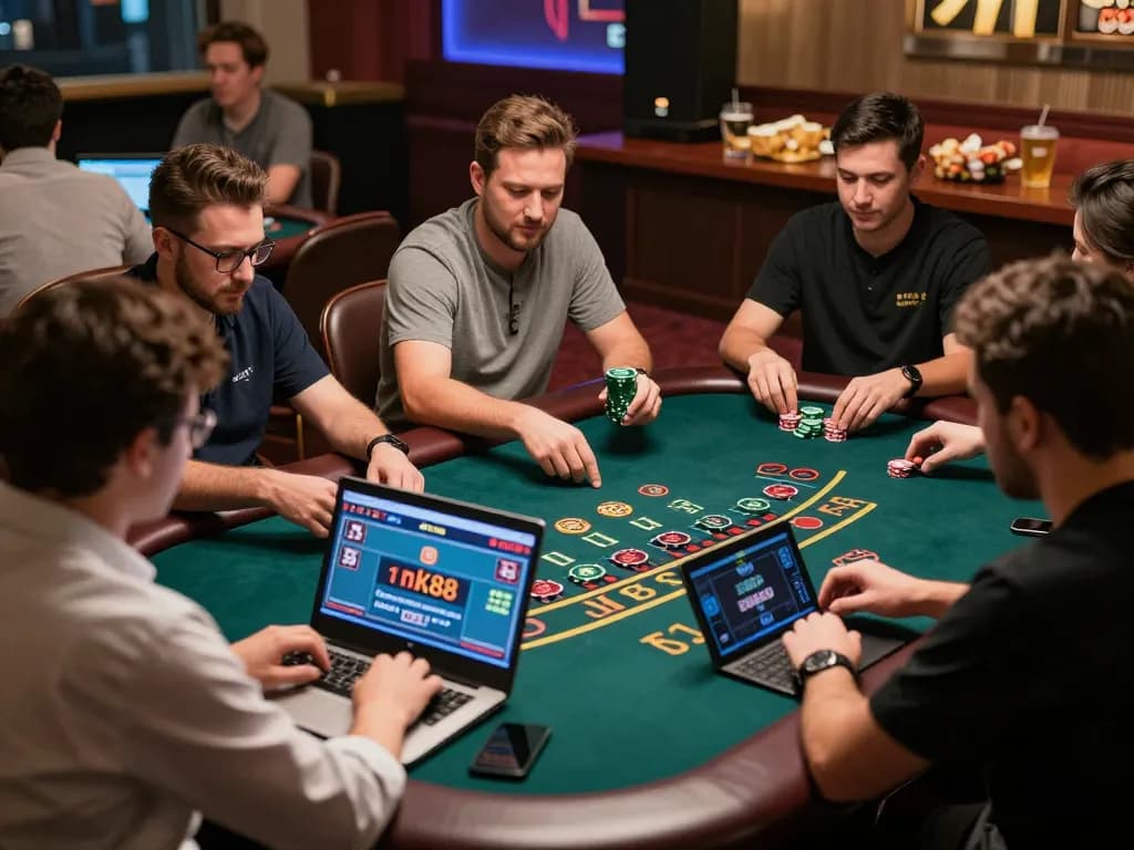 Players strategizing with nk88 bet while enjoying a live dealer game on their devices.