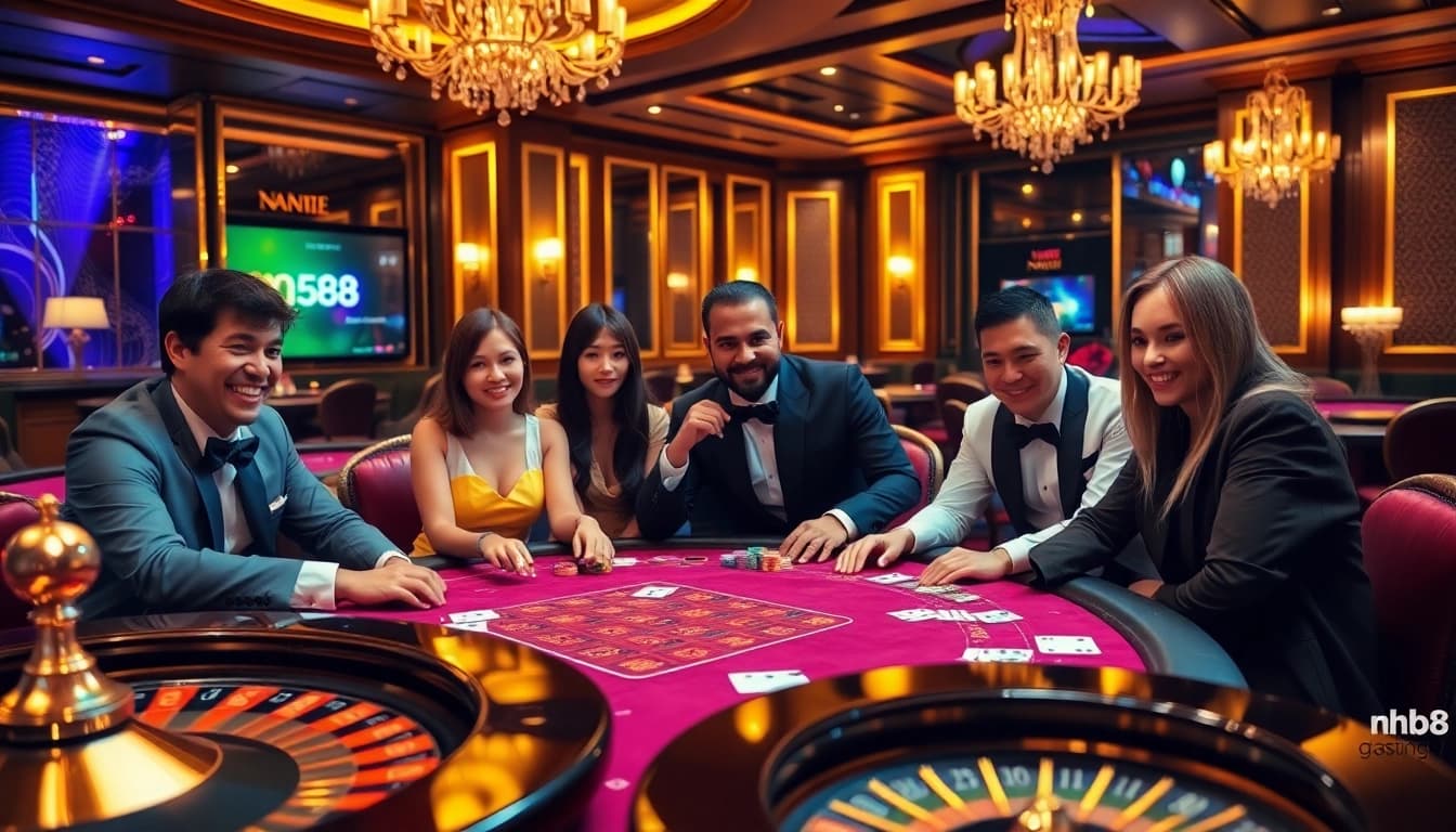 Players engaging in a thrilling poker game at a casino table with nh88 branding, surrounded by vibrant casino elements.
