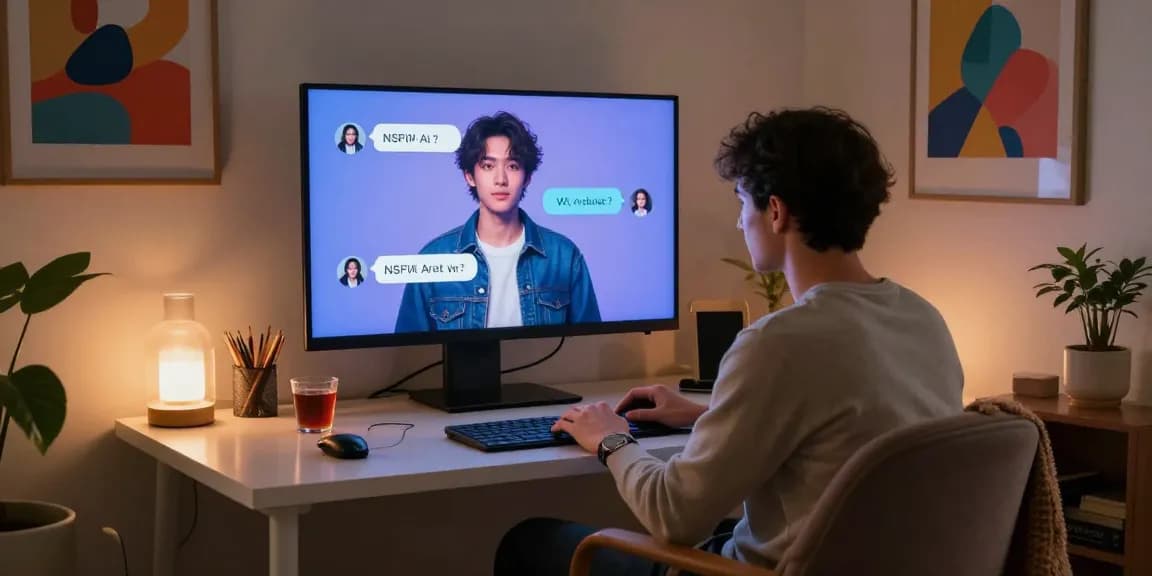 User engaging with an NSFW AI character in a cozy home workspace, showcasing modern technology and inviting atmosphere.