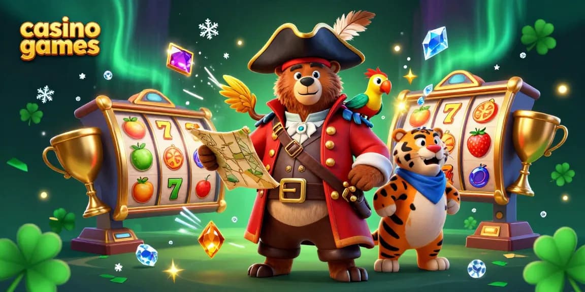 Engage with exciting casino games featuring a pirate bear and treasure elements in a vibrant 3D illustration.