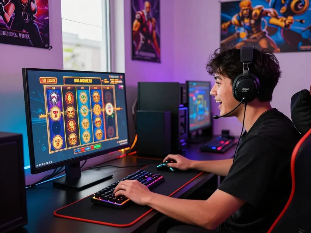 Pemain terlibat dengan permainan situs slot gacor yang berwarna-warni di setup gaming yang cerah.