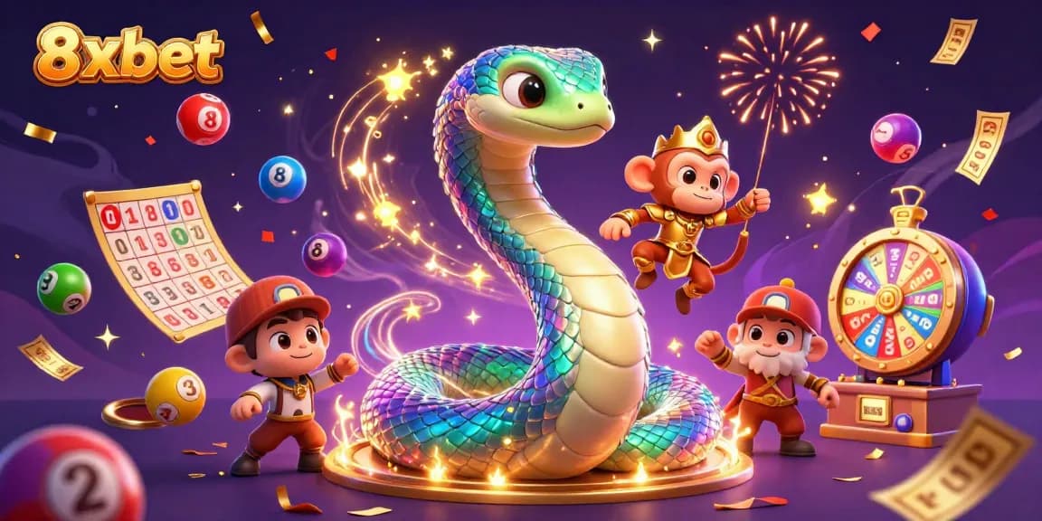 Win big with 8xbet in a vibrant 3D scene showcasing lottery excitement!