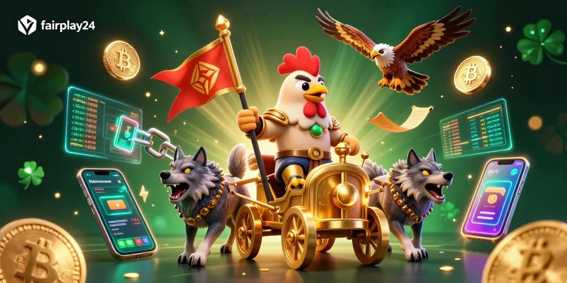 Bet on live games with fairplay24, featuring a 3D rooster warlord in a vibrant casino scene full of excitement.